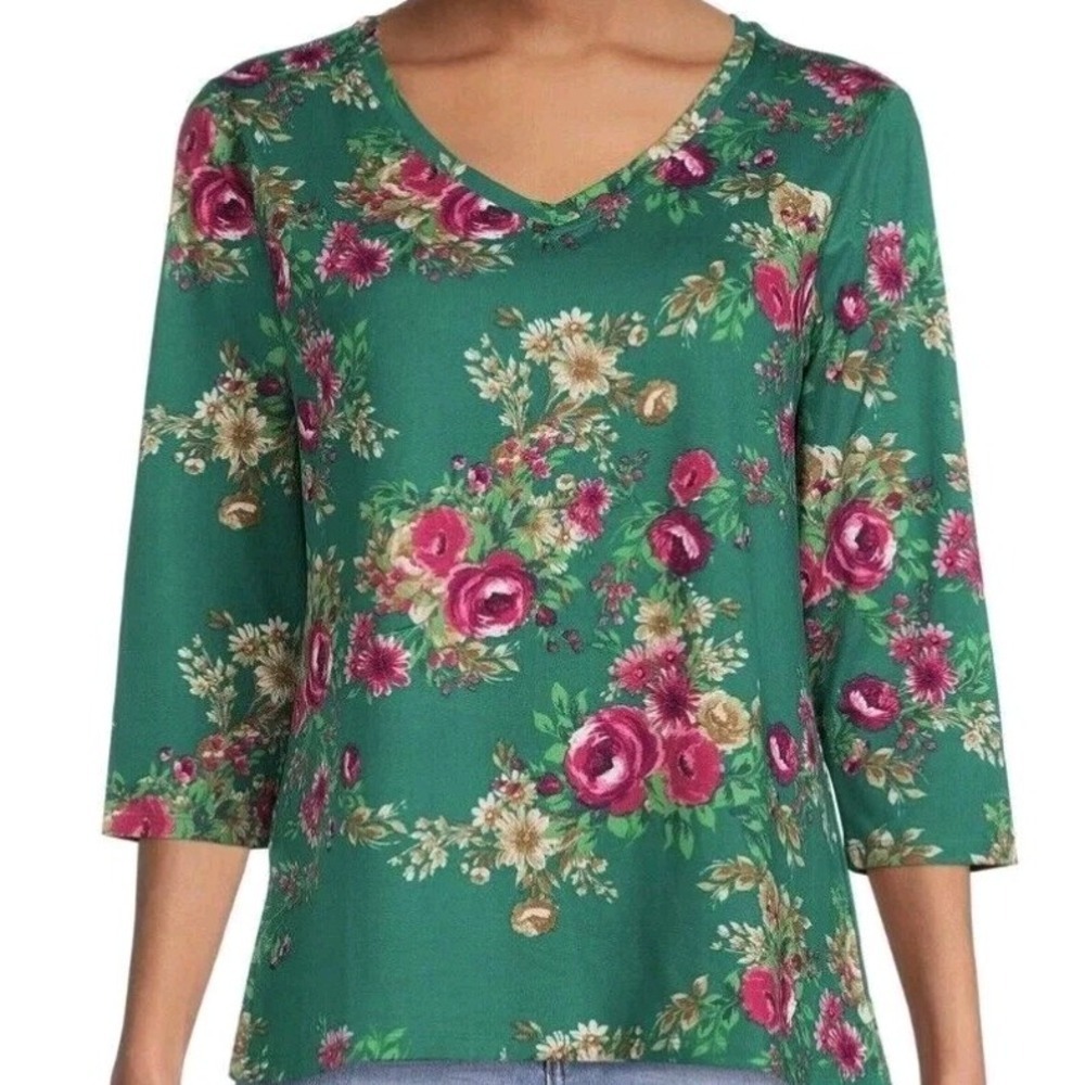 Pioneer Woman XXL V-Neck Pullover Shirt Green Red Floral 3/4‎ Sleeve Cottagecore